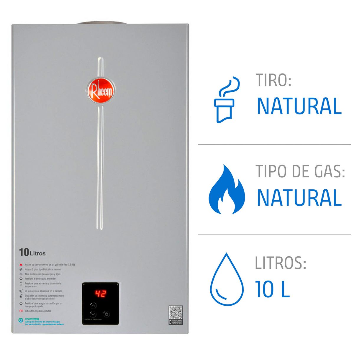 RHEEM - Calefont 10 litros Gas natural Tiro Natural Rheem