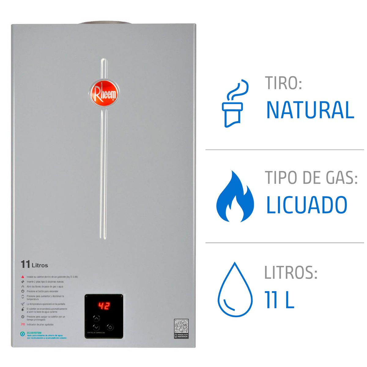 RHEEM - Calefont 11 litros Gas licuado Tiro Natural Rheem