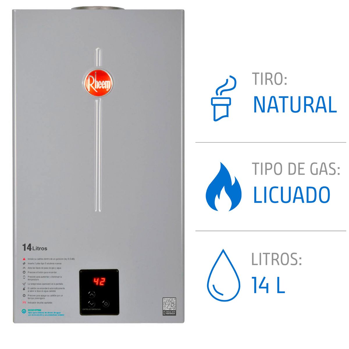 RHEEM - Calefont 14 litros Gas licuado Tiro Natural Rheem