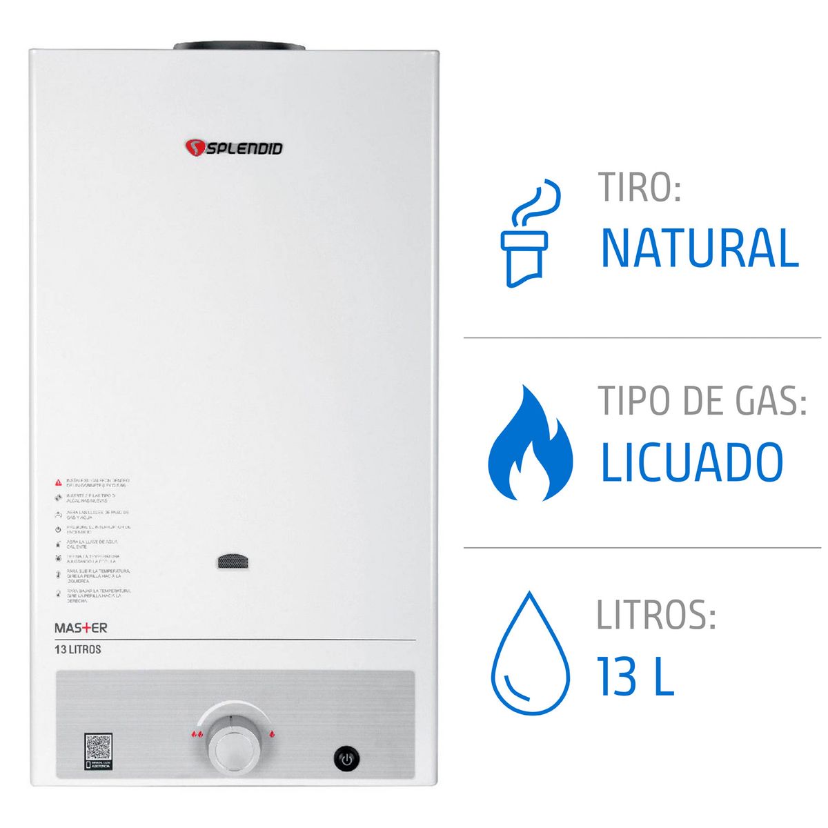 Calefont 13 litros Gas licuado Tiro natural Splendid, marca SPLENDID - Foto Principal