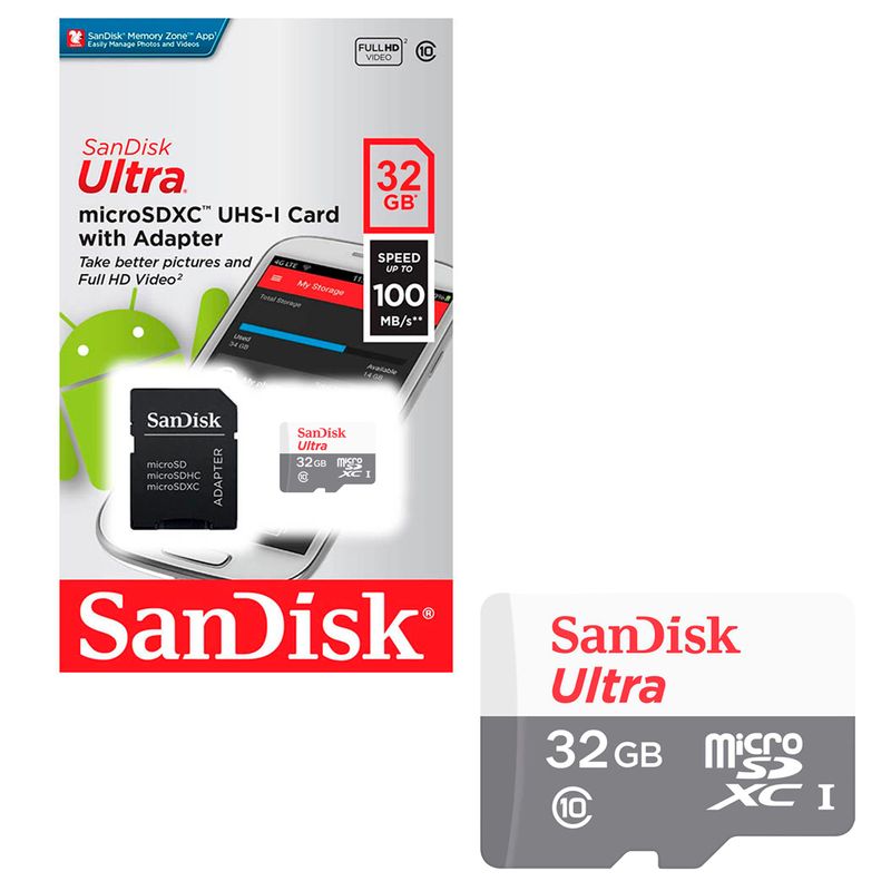 SANDISK - Tarjeta De Memoria MicroSD 32Gb Sandisk + Adaptador 100mb/s.