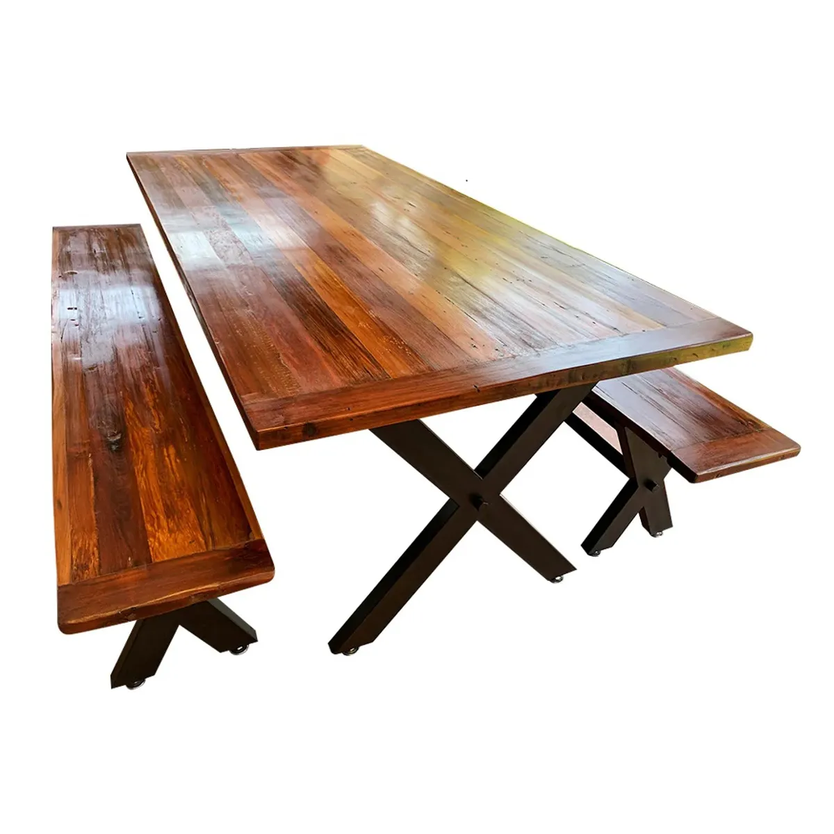 NOWU HOGAR - Mesa Roble Fierro X con bancas 160x90cm