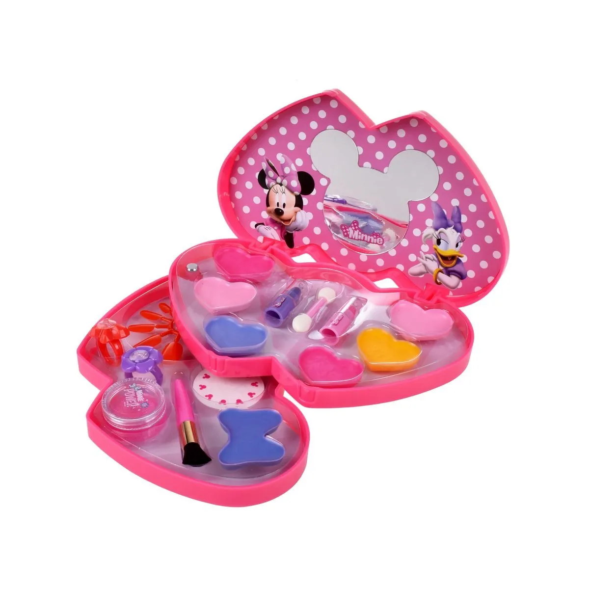 DISNEY - Cosmetiquero Minnie 2 pisos corazón con maquillaje brillante