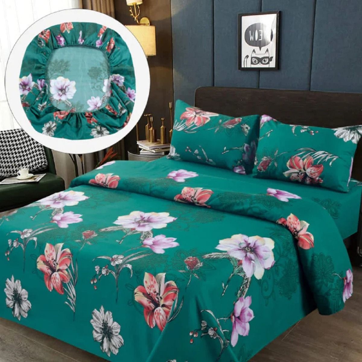 GENERICO - Sabanas Premium 100% Algodón 1.5 Plazas  - Turquesa  Flores