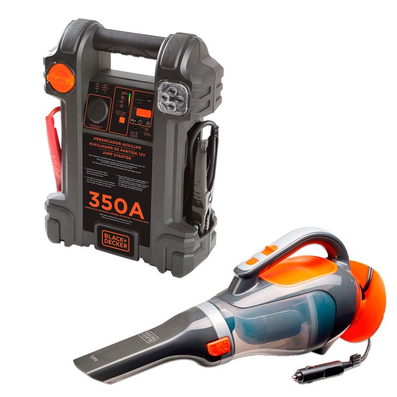BLACK+DECKER - Kit Partidor auxiliar 350A + Aspiradora Auto 12V BLACK+DECKER