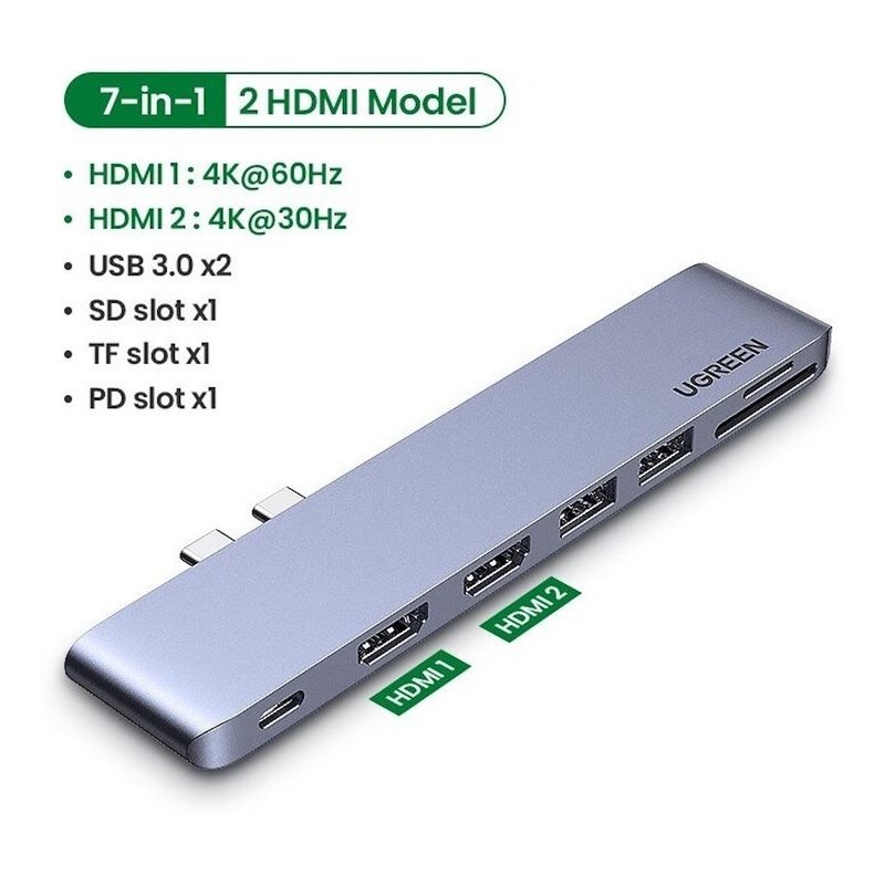 UGREEN - Hub Para Macbook Pro Air Dual Usb C 7 En 1 3.0 Hdmi 4k Sd Pd