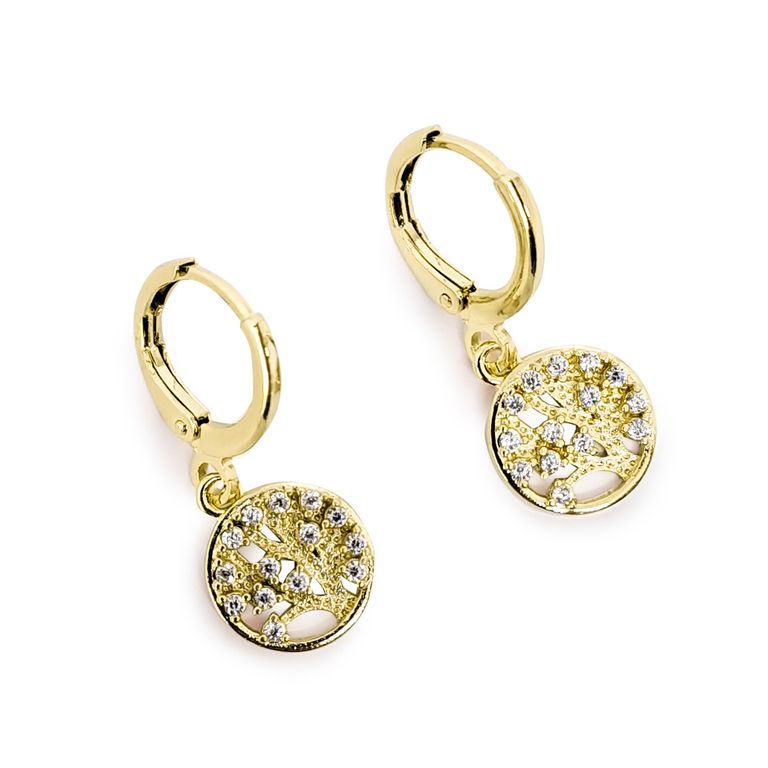 Aros Argolla Arbol De La Vida Circon Blanco Enchapado Oro 18K Dorado TALLA UNICA
