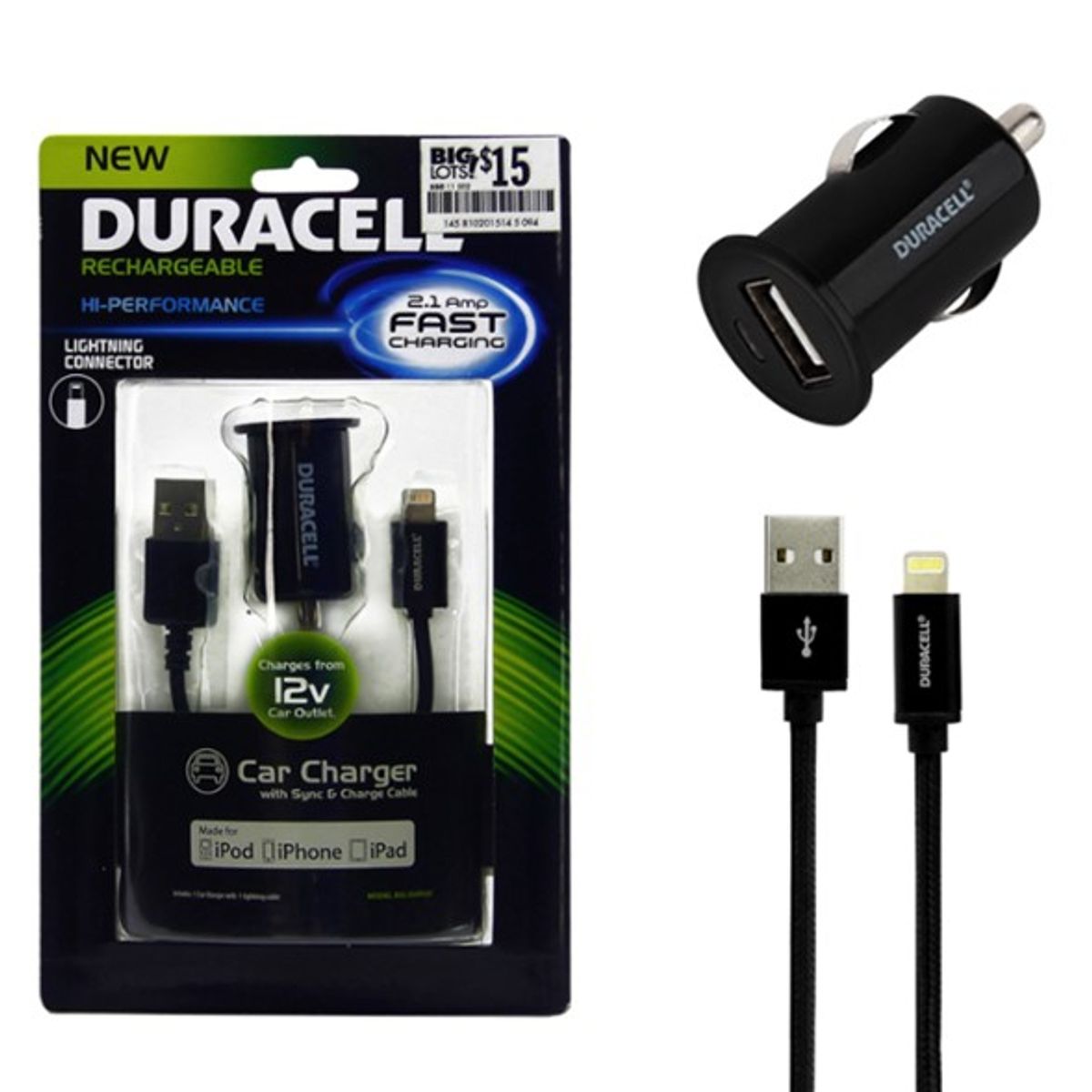 DURACELL - CARGADOR AUTO 2.1A CABLE IPHONE 5,6 CERTIF. DURACELL