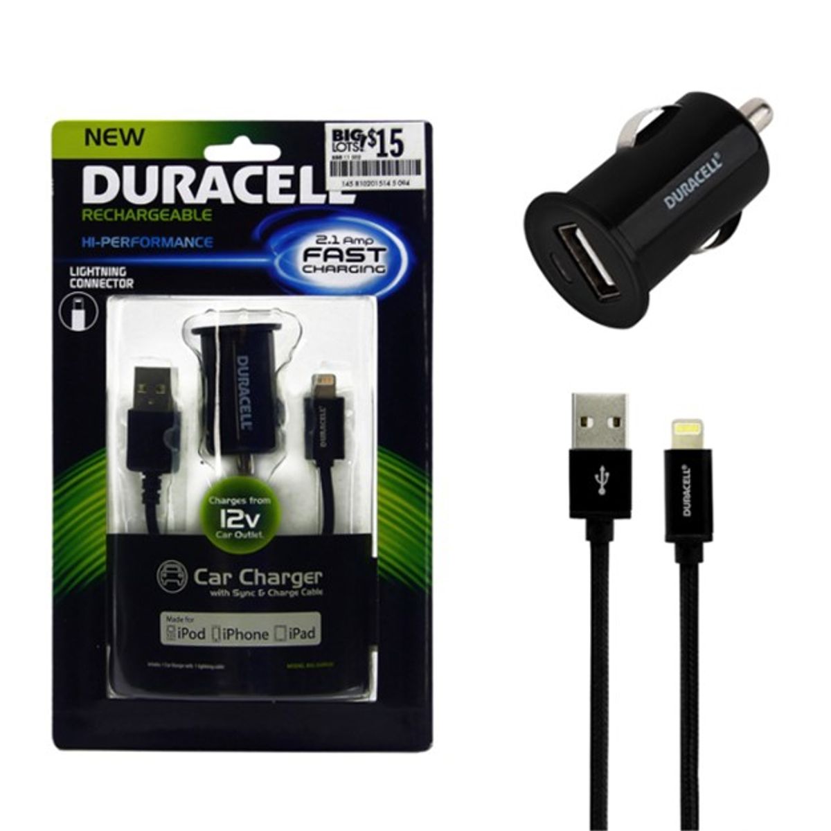 DURACELL - CARGADOR AUTO 2.1A CABLE IPHONE 5,6 CERTIF. DURACELL