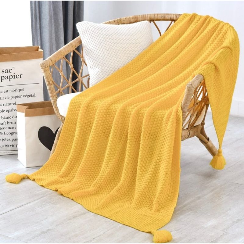 ANGELES DEL HOGAR - Manta de sofa tejida con Borlas 172x127cm Amarilla