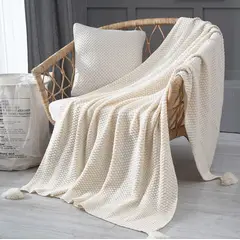 ANGELES DEL HOGAR - Manta de sofa tejida con Borlas 172x127cm Blanco