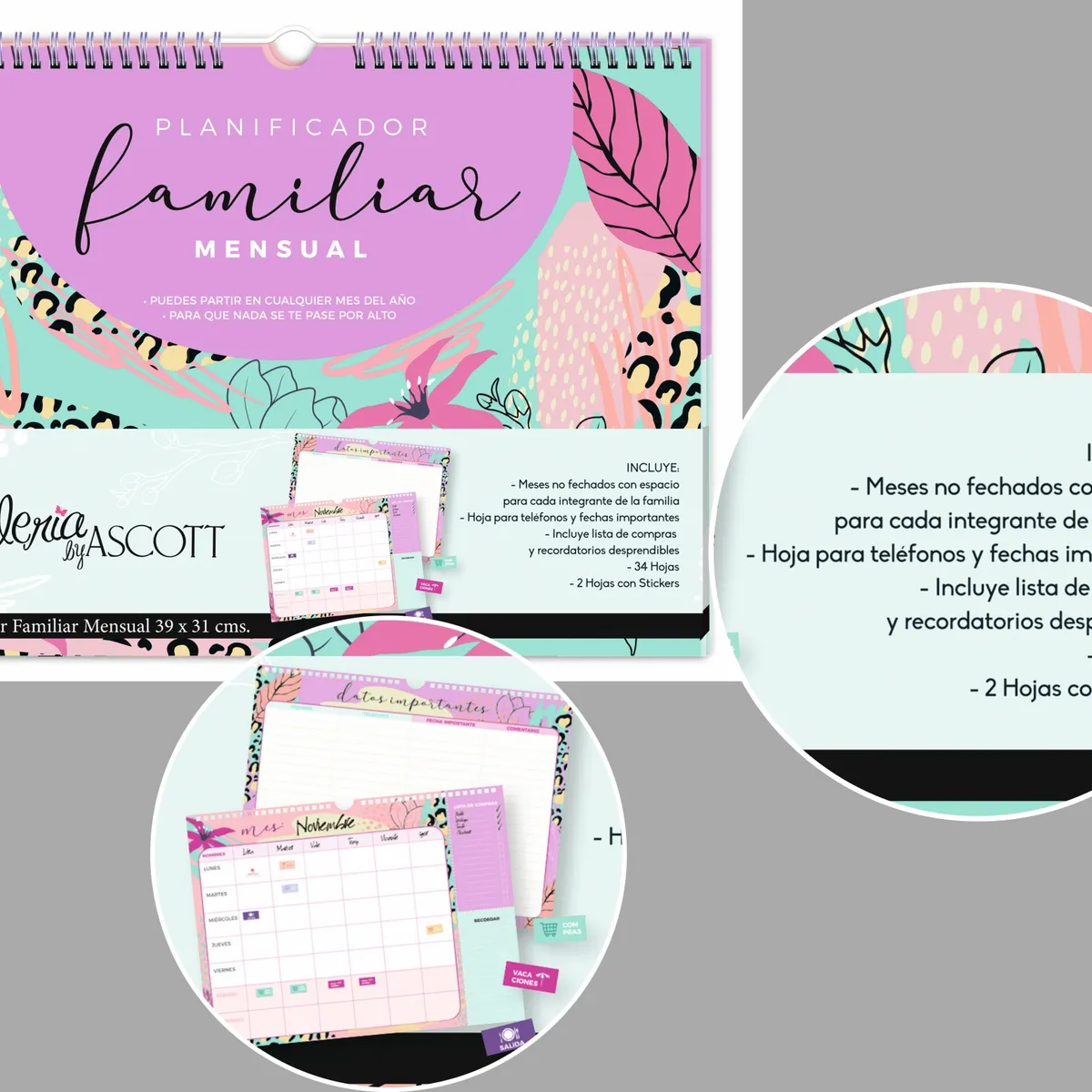 ASCOTT - Calendario Agenda Planificador Familiar Mes Con Lapiz 34h 39x31cm