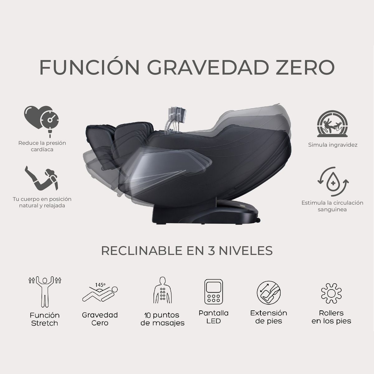 RELAN - Sillón de Masajes R5000 Reclinable con Gravedad Cero Relan