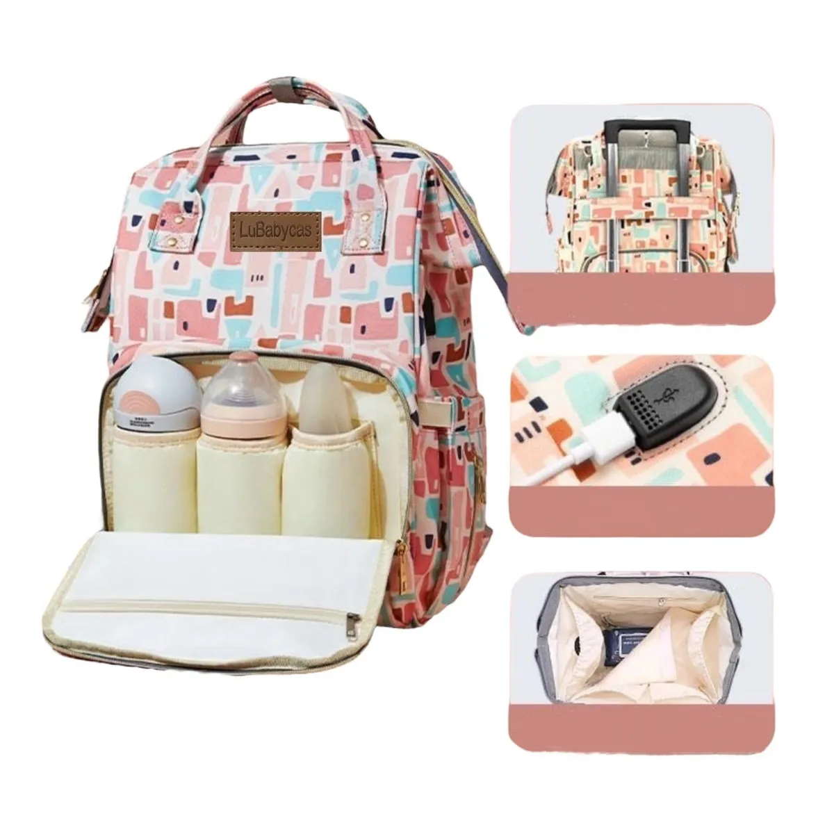 LUBABYCAS - Mochila Maternal Impermeable Con Usb Lubabycas Rosada