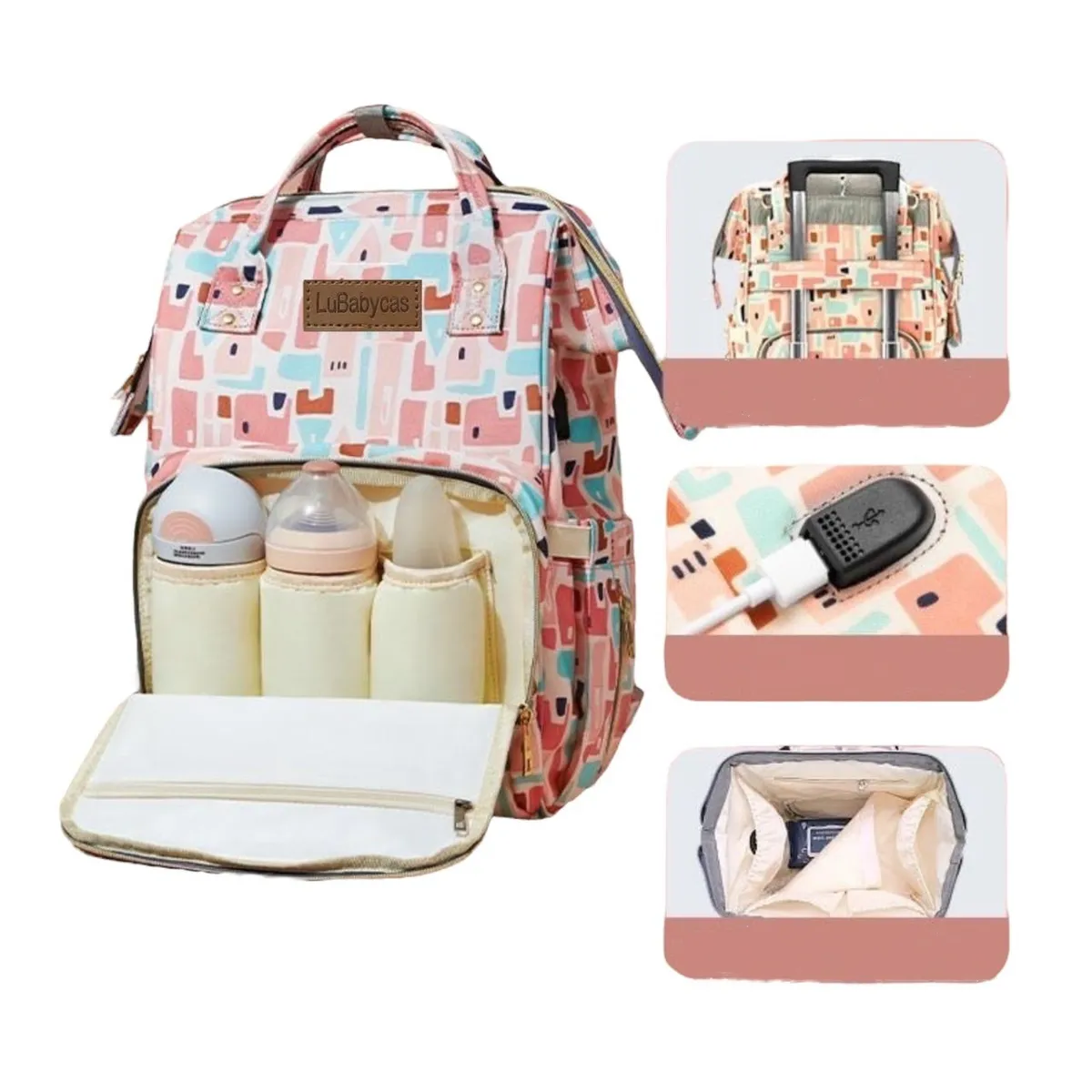 LUBABYCAS - Mochila Maternal Impermeable Con Usb Lubabycas Rosada