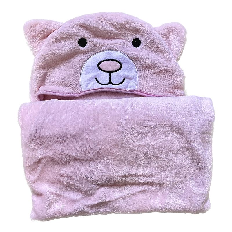 PELLITOS - MANTITA BEBE CON CAPUCHA OSO ROSA CORAL FLEECE