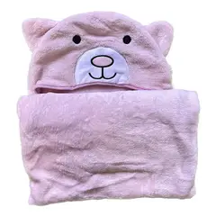 PELLITOS - MANTITA BEBE CON CAPUCHA OSO ROSA CORAL FLEECE
