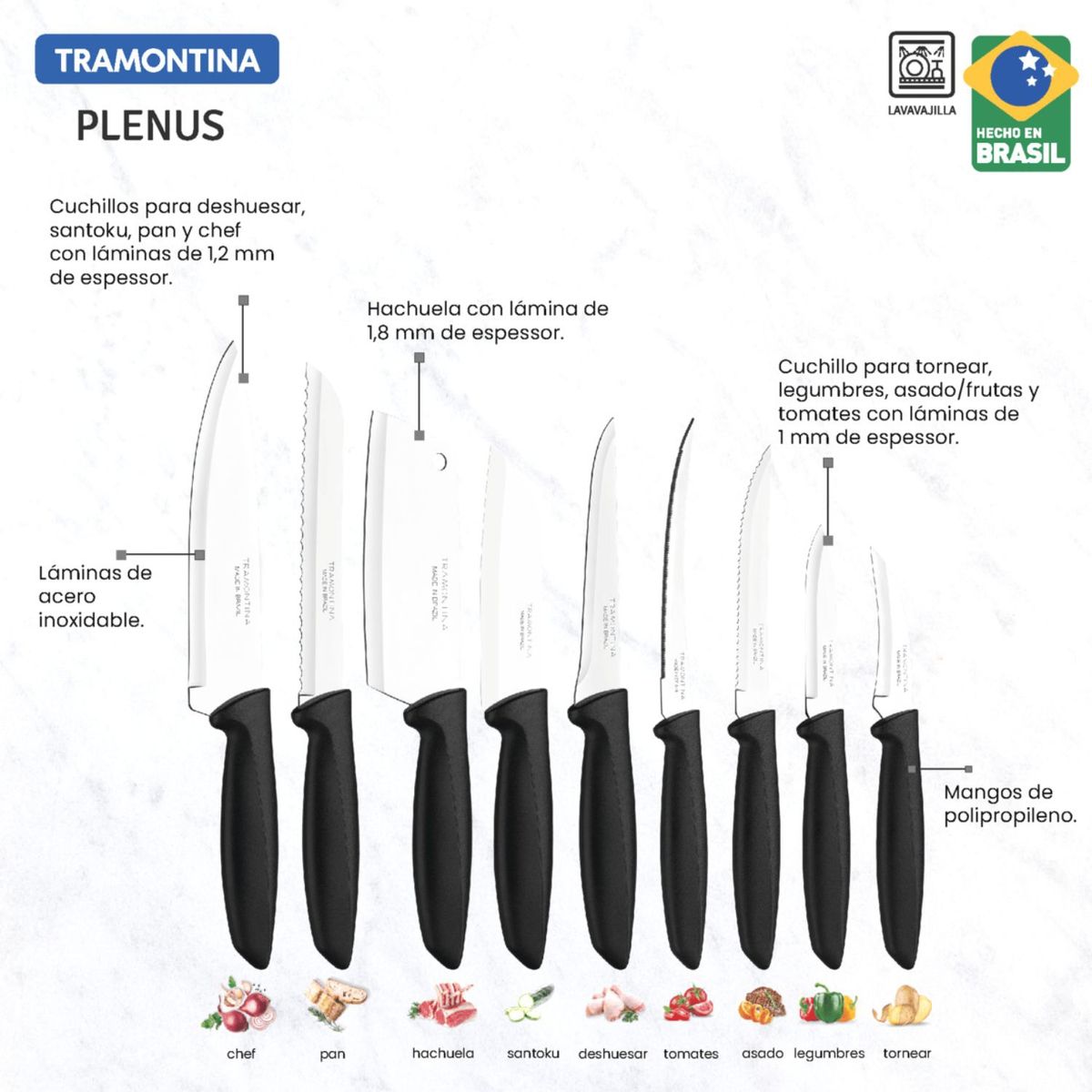 TRAMONTINA - Set 9 Cuchillos Para Cocina Marca Tramontina Linea Plenus