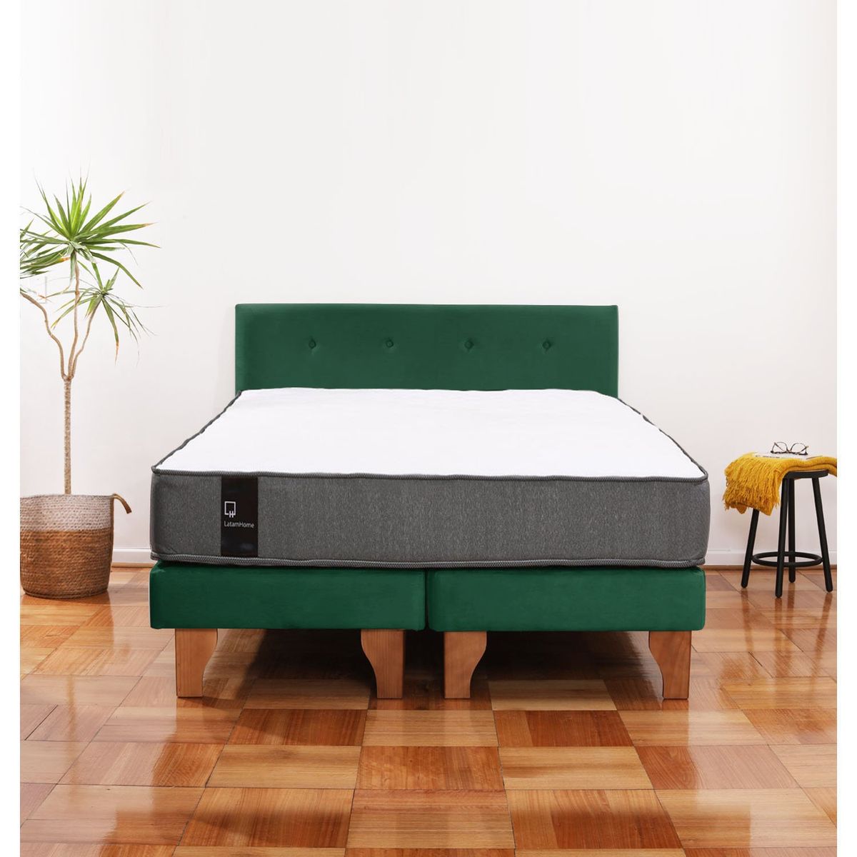 LATAM HOME - Cama Europea Zen Best 2 Plazas Colchon Resortes Base Dividida + Respaldo Tela Verde