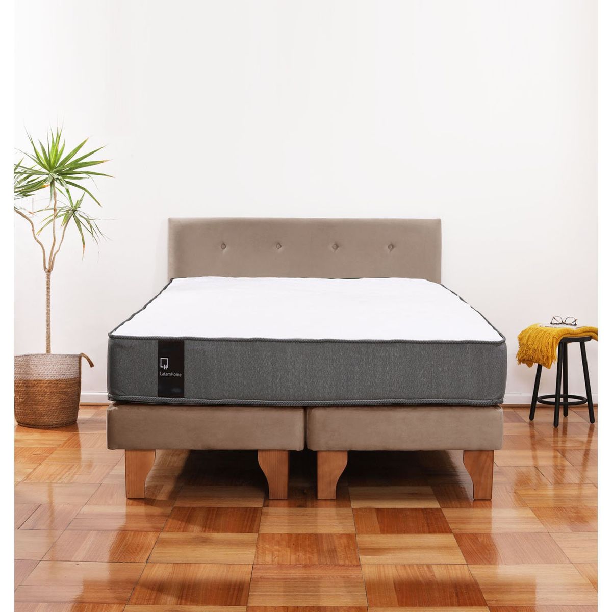 LATAM HOME - Cama Europea Zen Best 2 Plazas Colchon Resortes Base Dividida + Respaldo Tela Beige