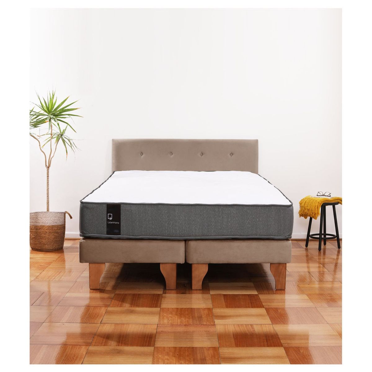 LATAM HOME - Cama Europea Zen Best 2 Plazas Colchon Resortes Base Dividida + Respaldo Tela Beige