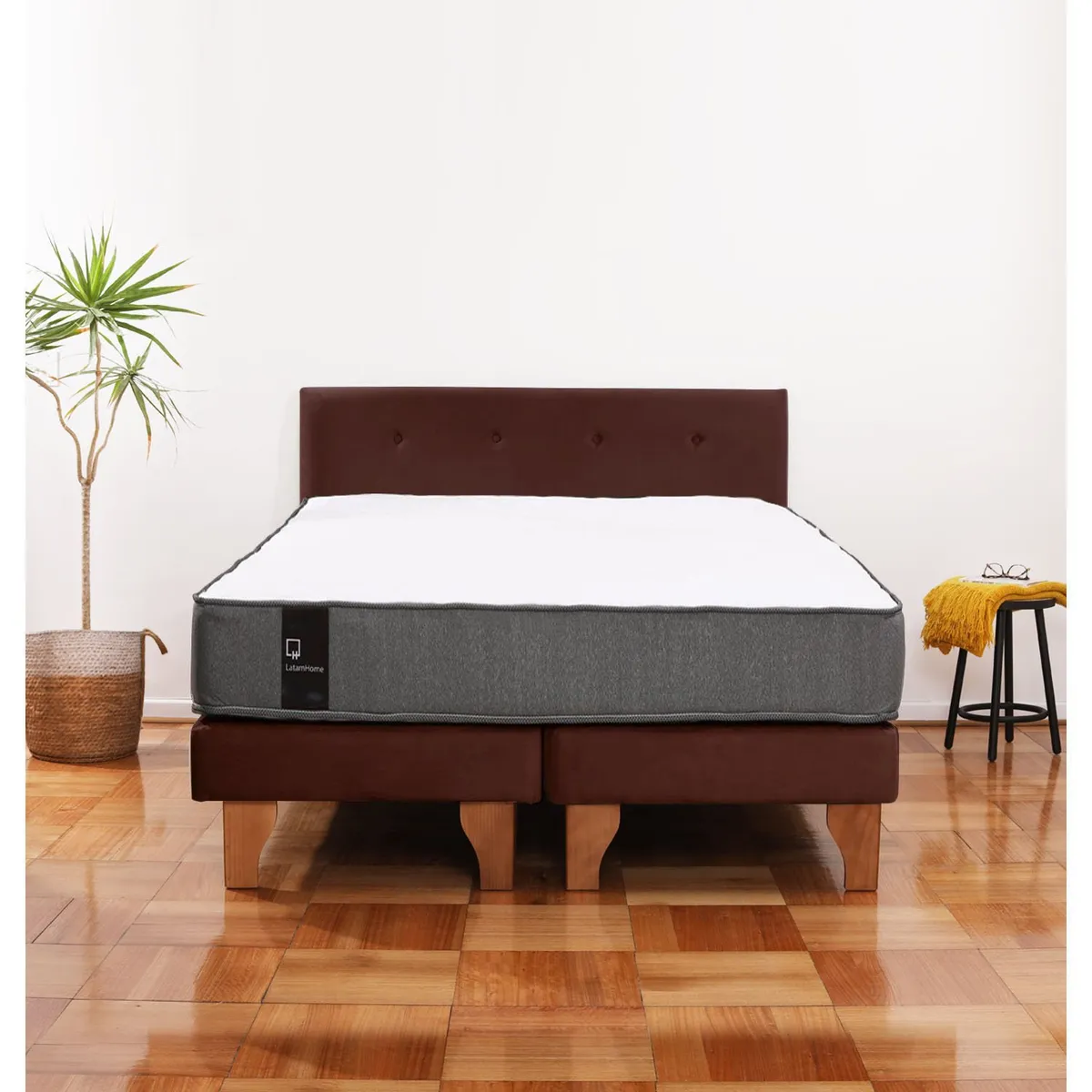 LATAM HOME - Cama Europea Zen Best 2 Plazas Colchon Resortes Base Dividida + Respaldo Tela Café