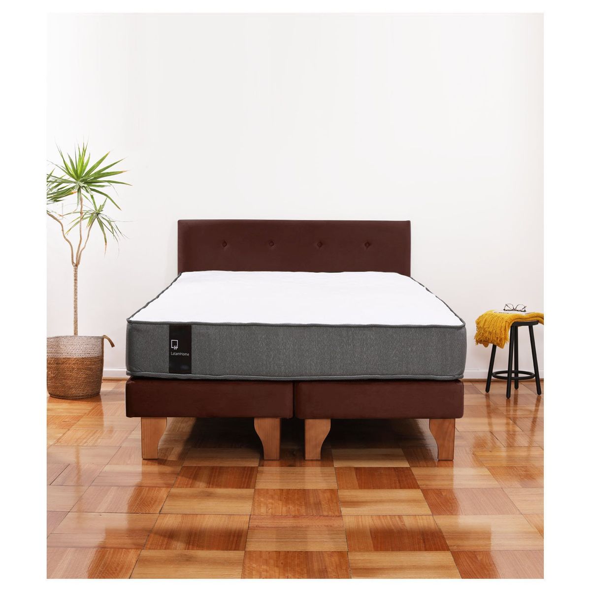 LATAM HOME - Cama Europea Zen Best 2 Plazas Colchon Resortes Base Dividida + Respaldo Tela Café