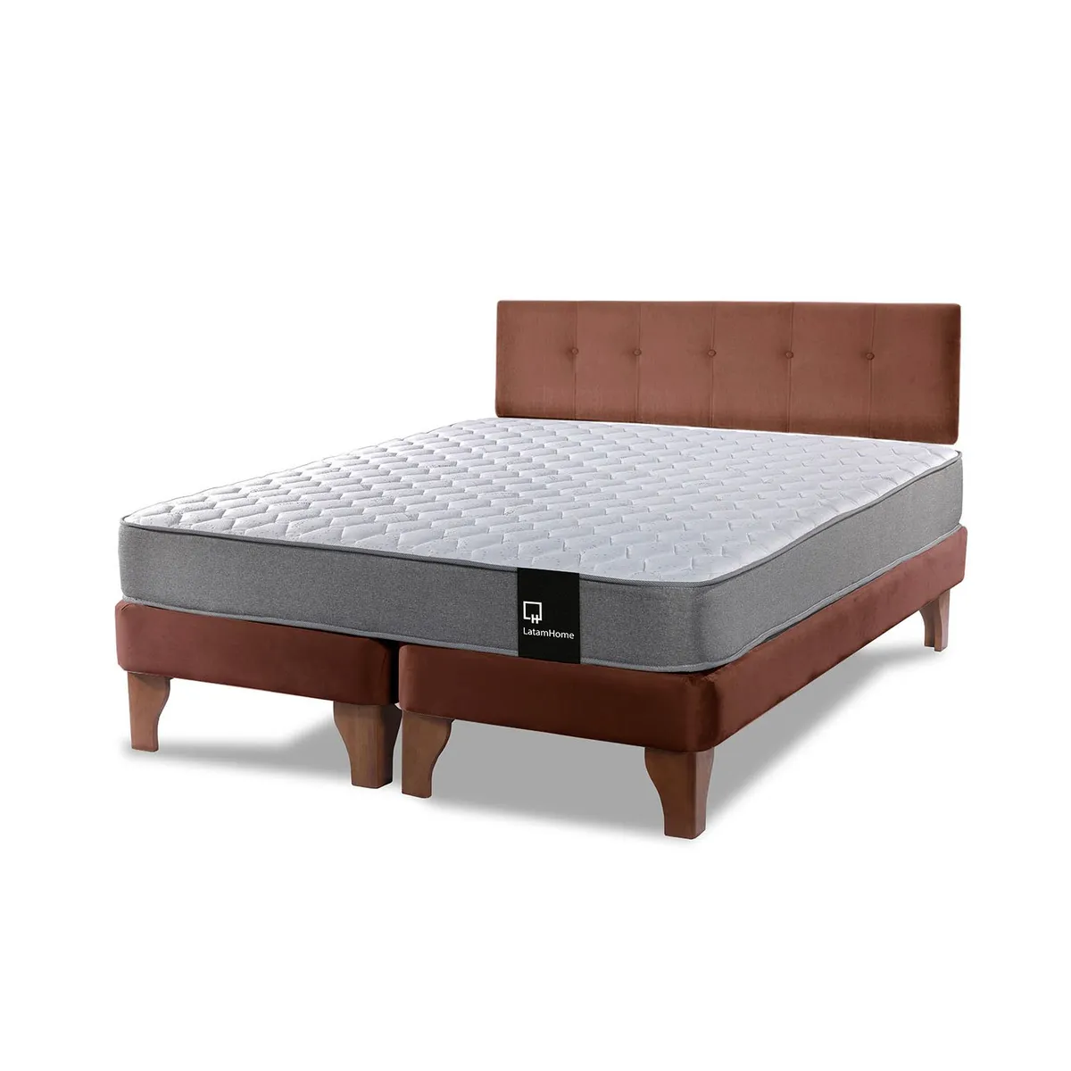LATAM HOME - Cama Europea Zen Best 2 Plazas Colchon Resortes Base Dividida + Respaldo Tela Café