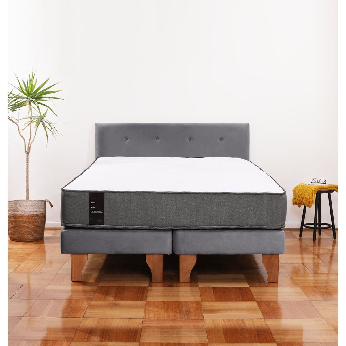 LATAM HOME - Cama Europea Zen Best 2 Plazas Colchon Resortes Base Dividida + Respaldo Tela Gris