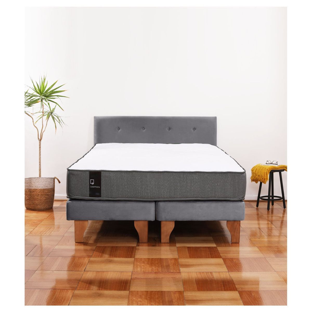 LATAM HOME - Cama Europea Zen Best 2 Plazas Colchon Resortes Base Dividida + Respaldo Tela Gris