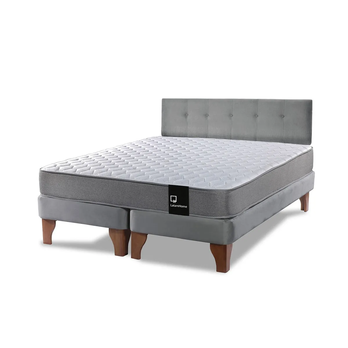 LATAM HOME - Cama Europea Zen Best 2 Plazas Colchon Resortes Base Dividida + Respaldo Tela Gris