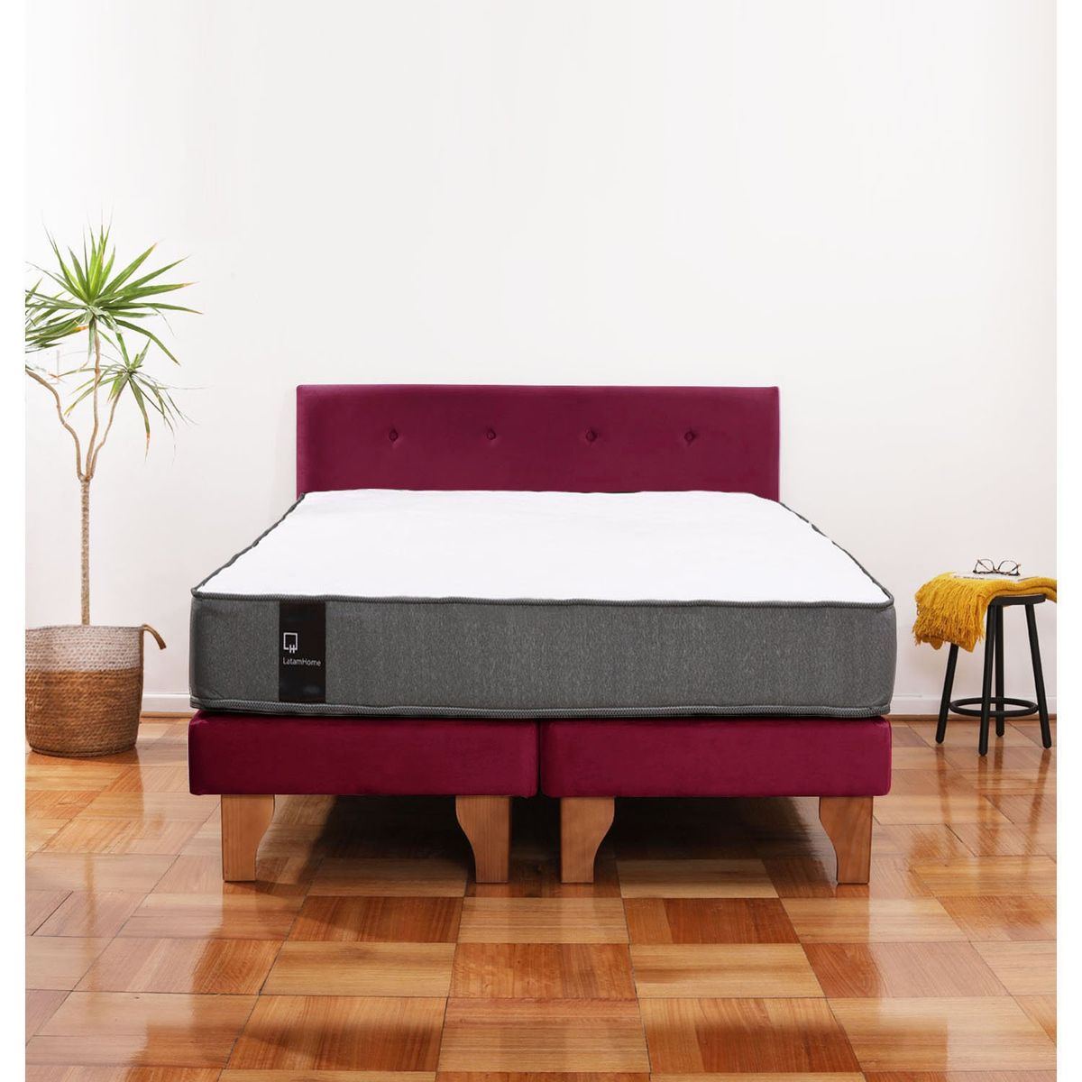 LATAM HOME - Cama Europea Zen Best 2 Plazas Colchon Resortes Base Dividida + Respaldo Tela Burdeo
