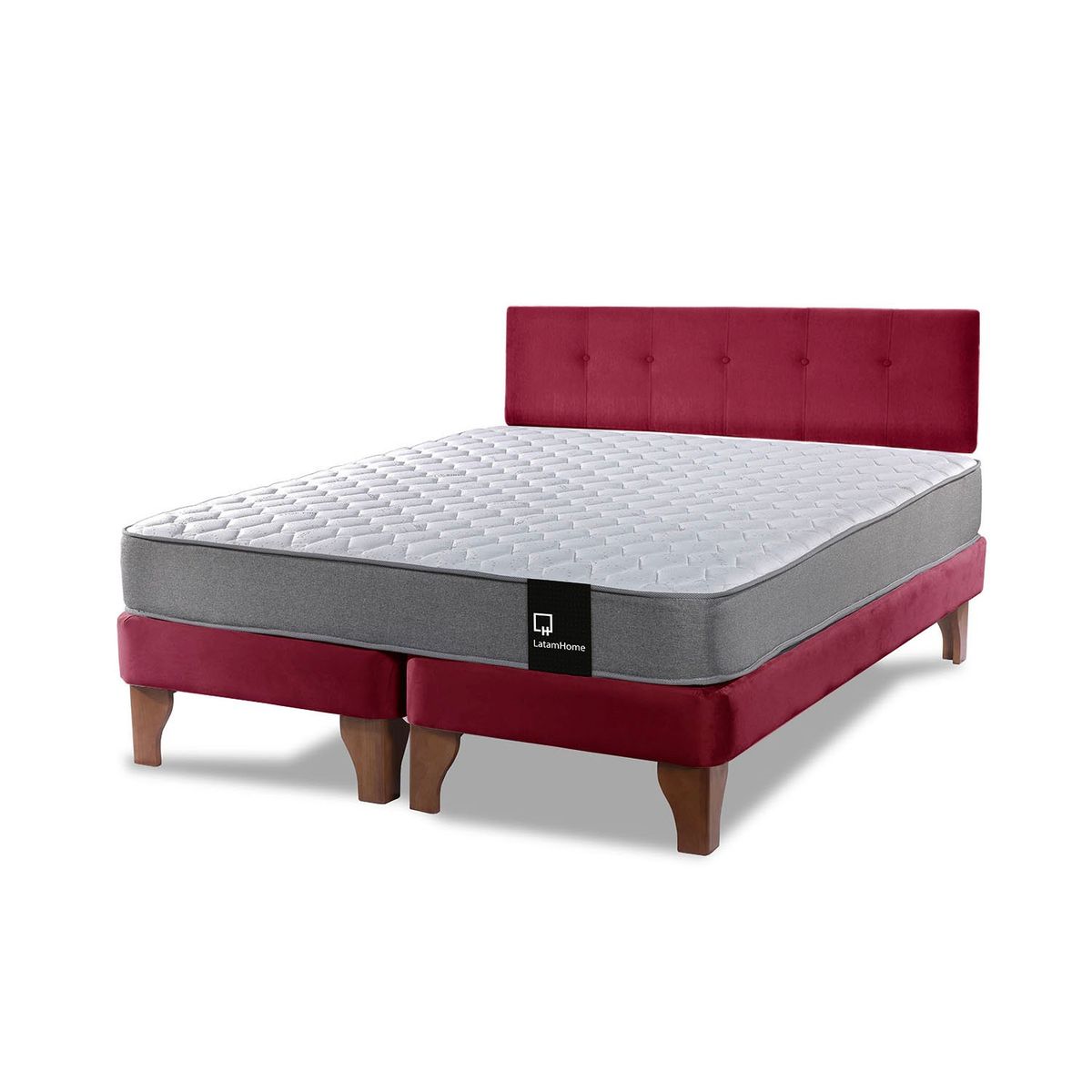 LATAM HOME - Cama Europea Zen Best 2 Plazas Colchon Resortes Base Dividida + Respaldo Tela Burdeo