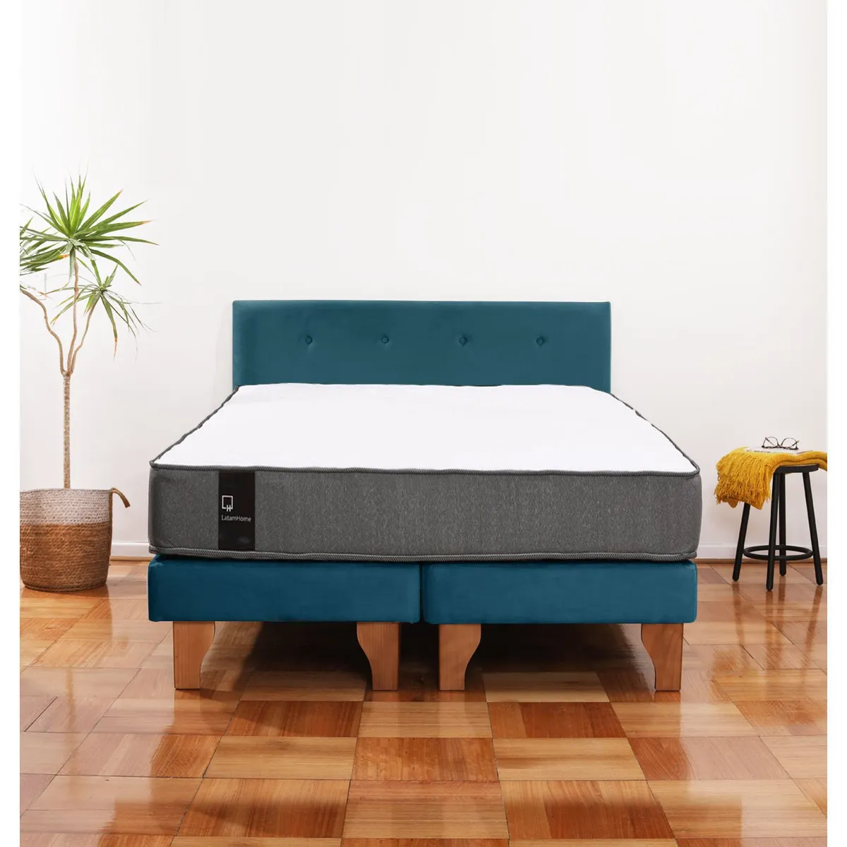 LATAM HOME - Cama Europea Zen Best 2 Plazas Colchon Resortes Base Dividida + Respaldo Tela Azul