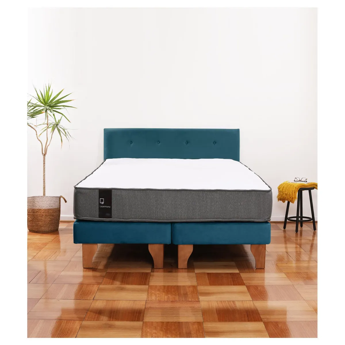 LATAM HOME - Cama Europea Zen Best 2 Plazas Colchon Resortes Base Dividida + Respaldo Tela Azul