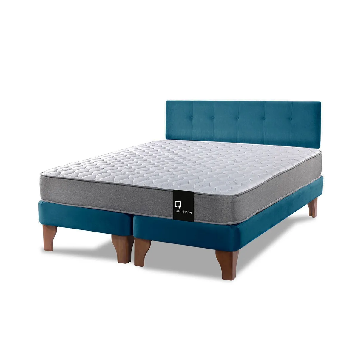 LATAM HOME - Cama Europea Zen Best 2 Plazas Colchon Resortes Base Dividida + Respaldo Tela Azul