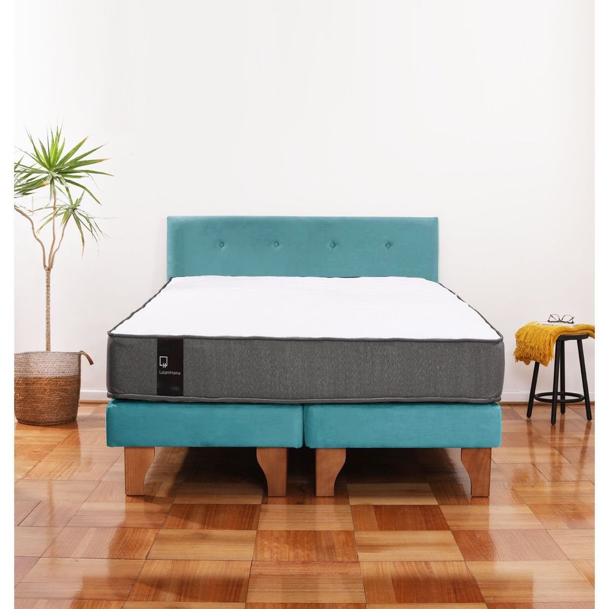 LATAM HOME - Cama Europea Zen Best 2 Plazas Colchon Resortes Base Dividida + Respaldo Tela Turquesa