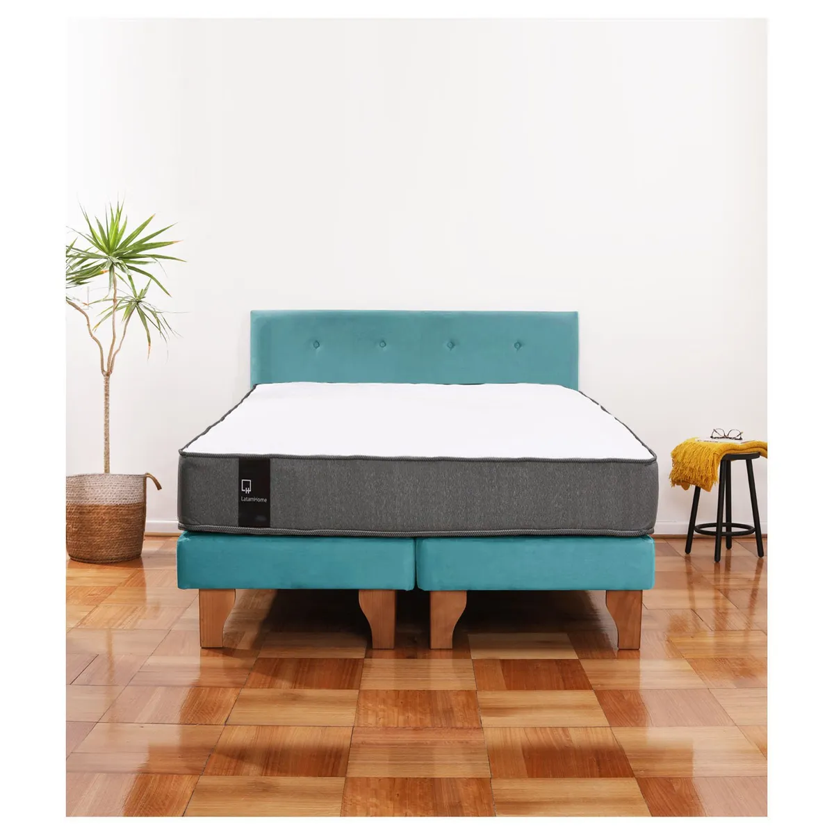 LATAM HOME - Cama Europea Zen Best 2 Plazas Colchon Resortes Base Dividida + Respaldo Tela Turquesa