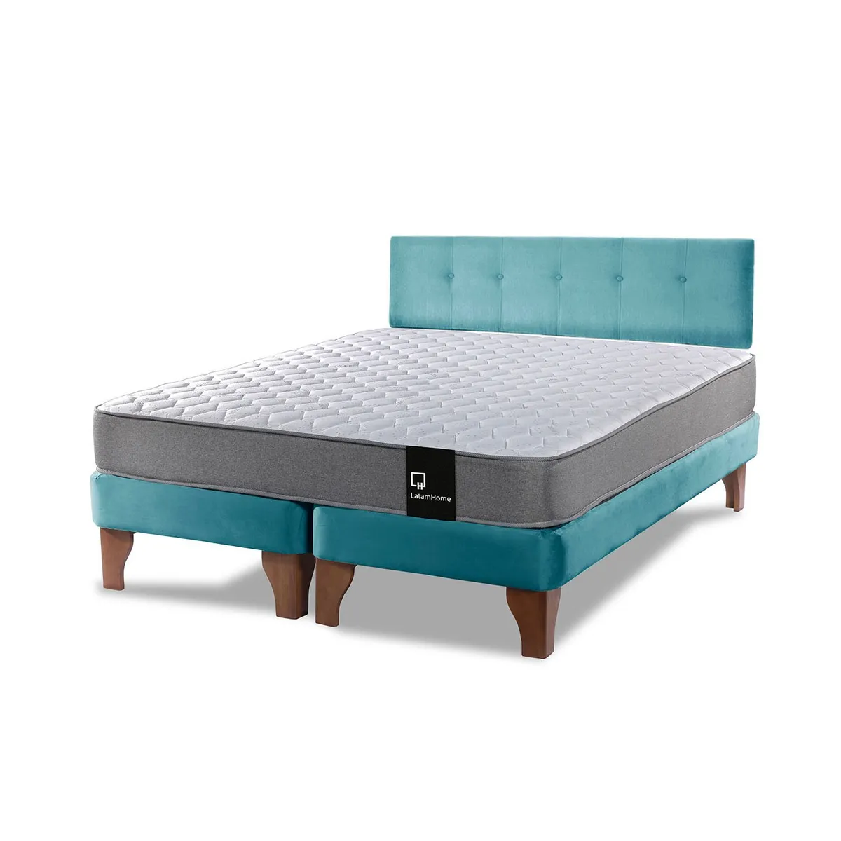 LATAM HOME - Cama Europea Zen Best 2 Plazas Colchon Resortes Base Dividida + Respaldo Tela Turquesa