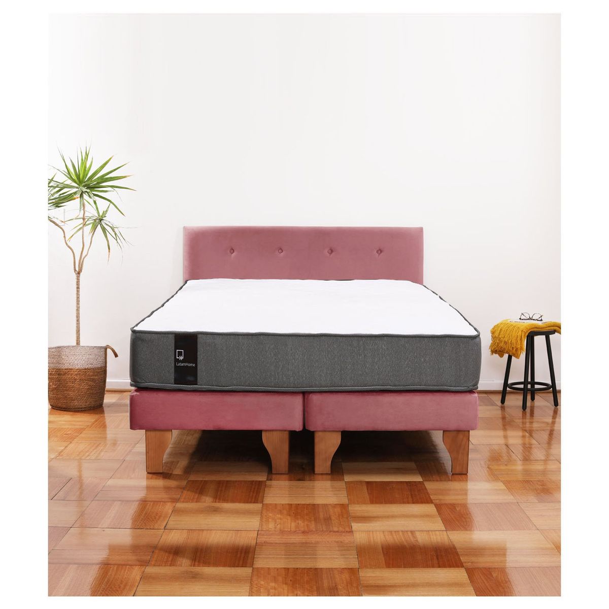 LATAM HOME - Cama Europea Zen Best 2 Plazas Colchon Resortes Base Dividida + Respaldo Tela Palo Rosa