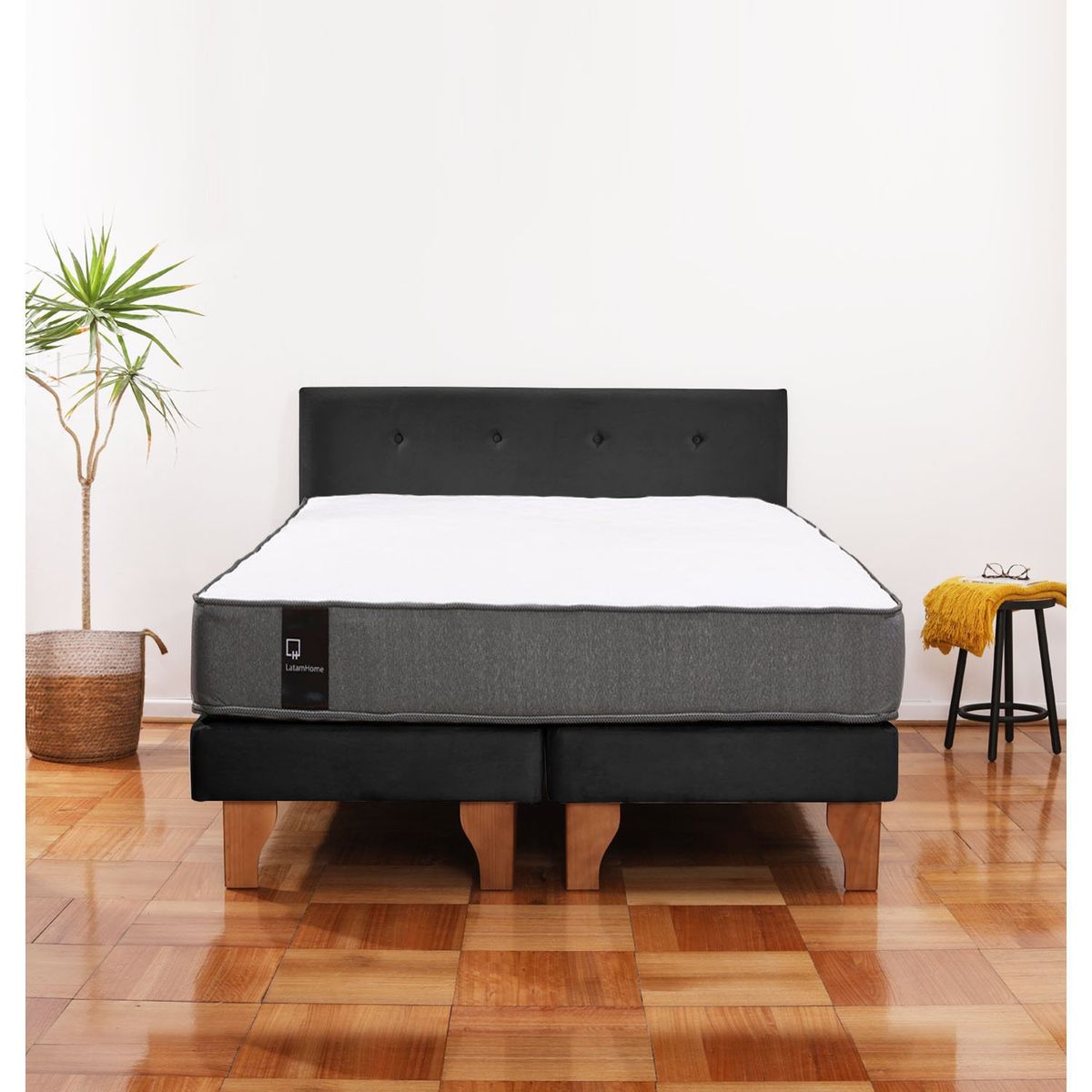 LATAM HOME - Cama Europea Zen Best 2 Plazas Colchon Resortes Base Dividida + Respaldo Tela Negro