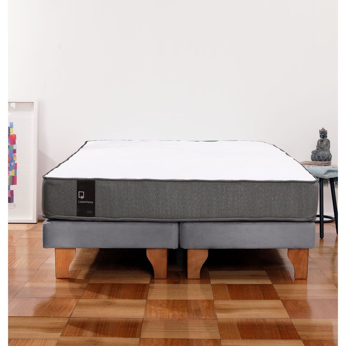 LATAM HOME - Cama Europea Zen Best 2 Plazas Colchon Resortes Base Dividida Tela Gris