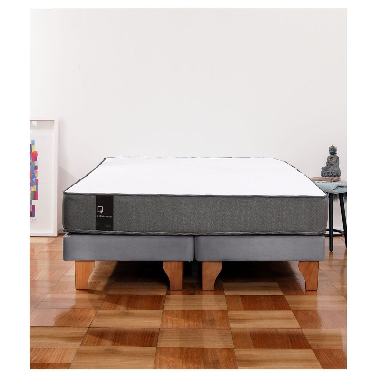 LATAM HOME - Cama Europea Zen Best 2 Plazas Colchon Resortes Base Dividida Tela Gris
