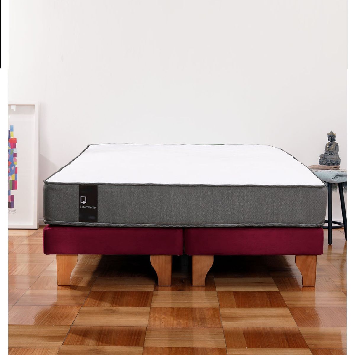 LATAM HOME - Cama Europea Zen Best 2 Plazas Colchon Resortes Base Dividida Tela Burdeo