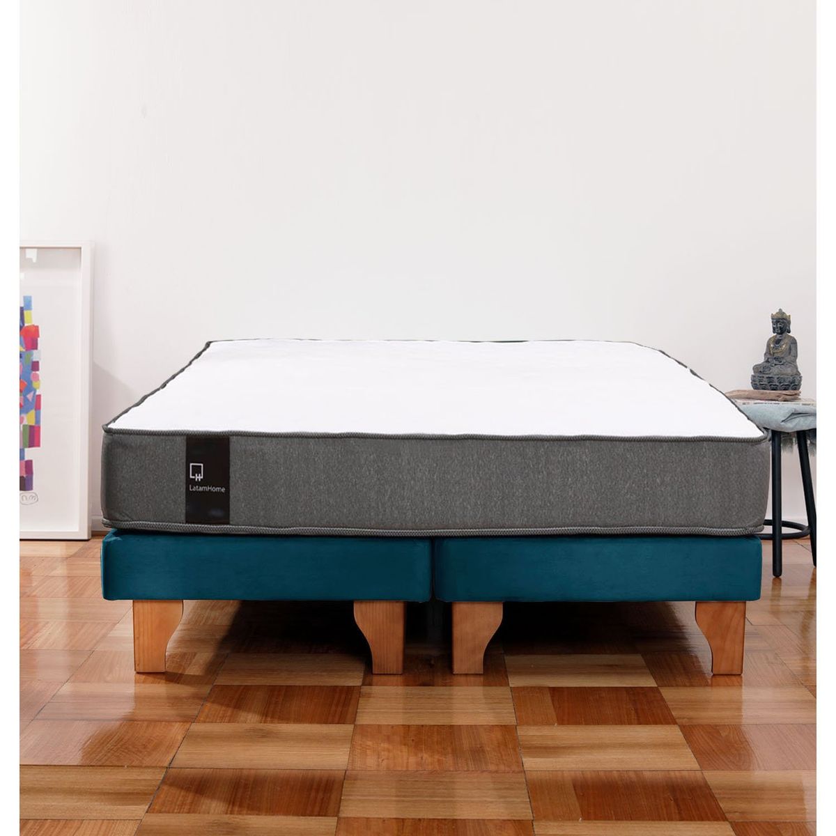 LATAM HOME - Cama Europea Zen Best 2 Plazas Colchon Resortes Base Dividida Tela Azul