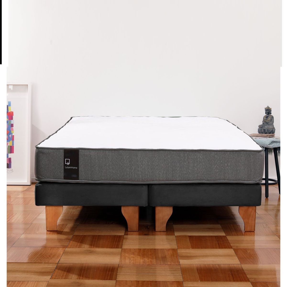 LATAM HOME - Cama Europea Zen Best 2 Plazas Colchon Resortes Base Dividida Tela Negro