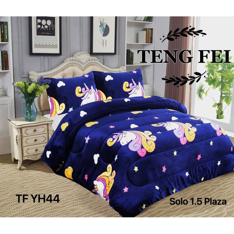 GENERICO - Cubrecama de Invierno Plush con Chiporro 1.5 p Azul Unicornio TFYH44