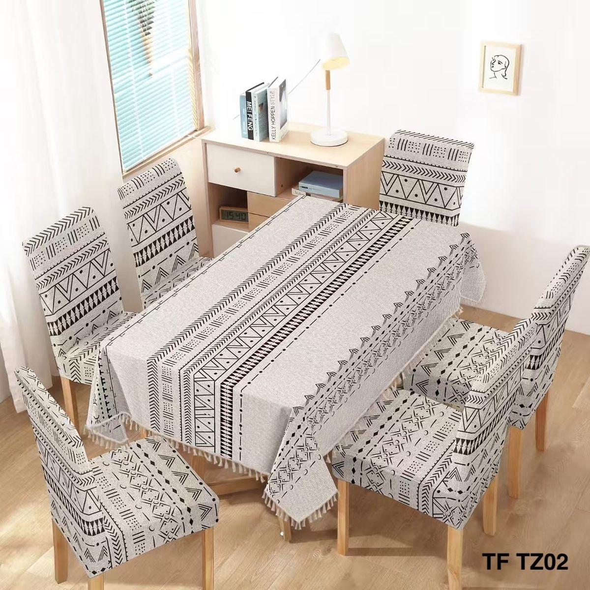 GENERICO - Mantel de mesa rectangular + 6 fundas de silla para comedor Blanco y Negro