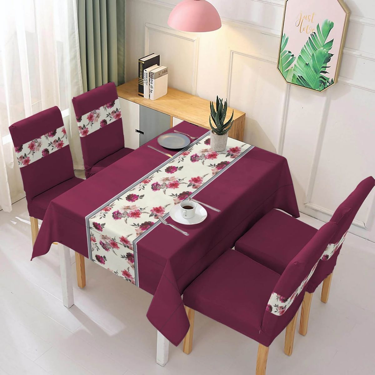 GENERICO - Mantel de mesa rectangular + 6 fundas de silla para comedor Burdeo Floreado