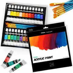 OHUHU - Set 24 Pinturas Acrílicas 12ml + 6 Pinceles